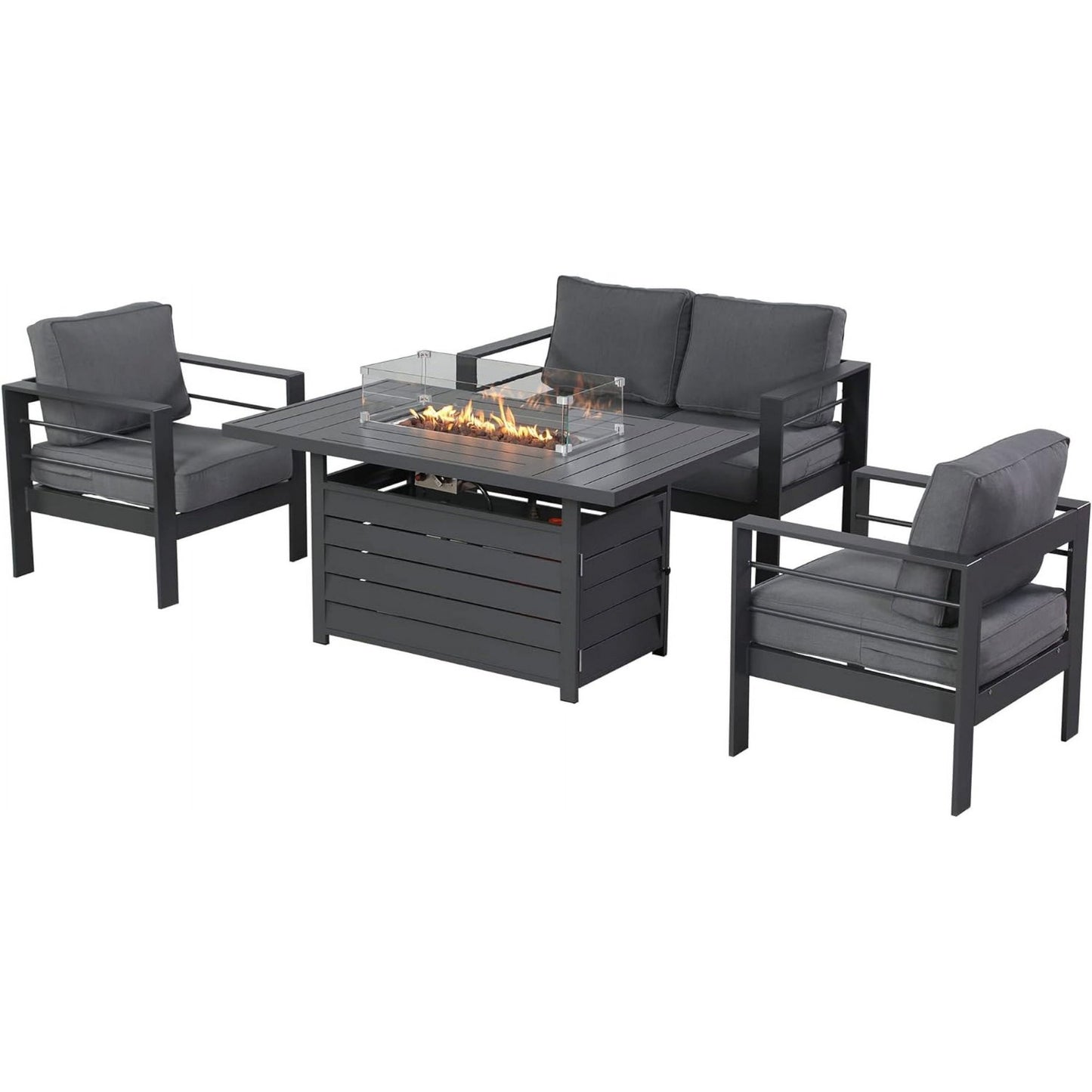 Heynemo Superjoe Outdoor Furniture Set w/CSA Certified 54in Propane Gas Fire Pit Table, 4 Seats Aluminum Patio Conversation Sofa with 5in Olefin Cover Cushions, Black/Light Gray