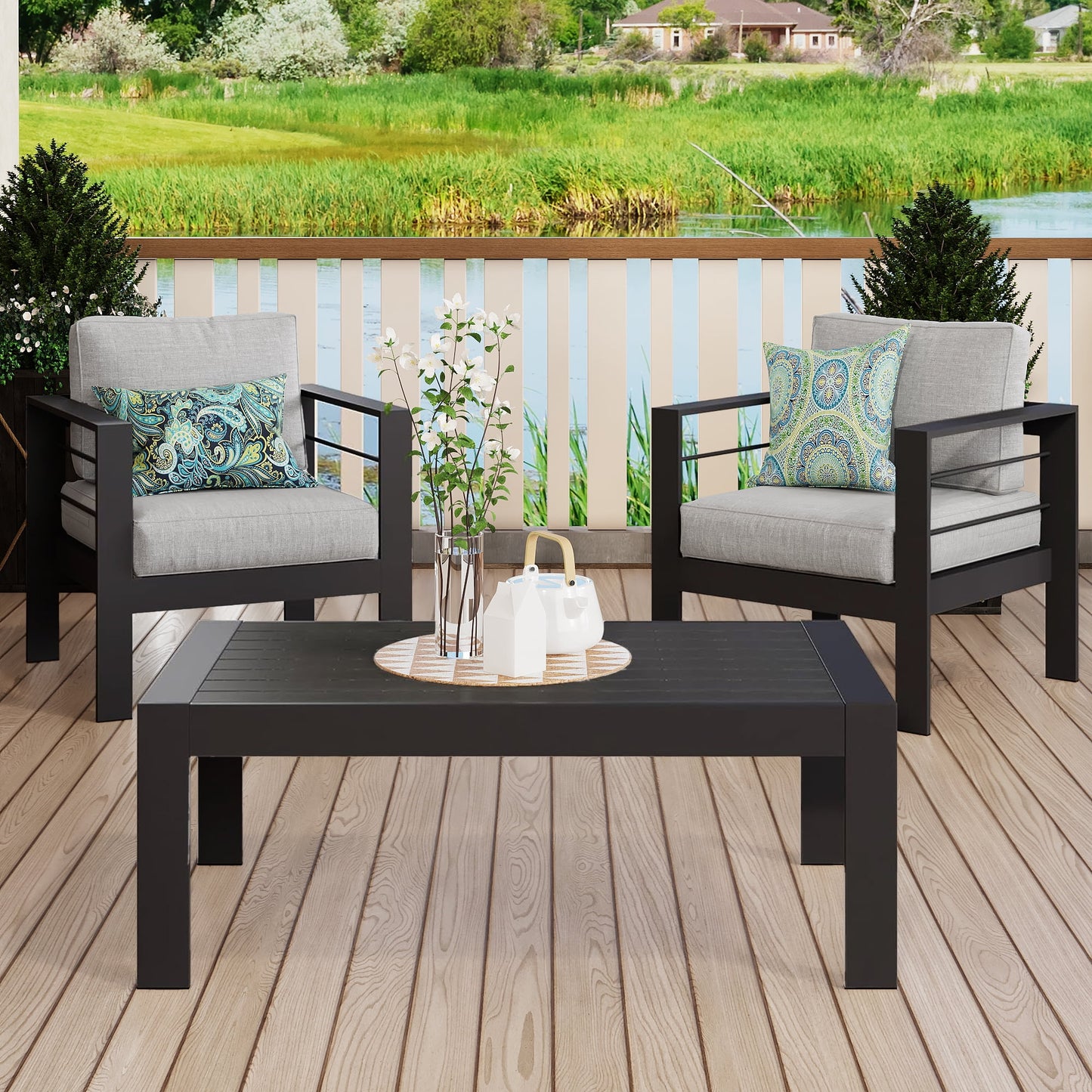 CozyHom Modern Outdoor Patio Aluminum Black Coffee Table, All Weather Metal Outdoor Rectangle Coffee Table Long Table, Black