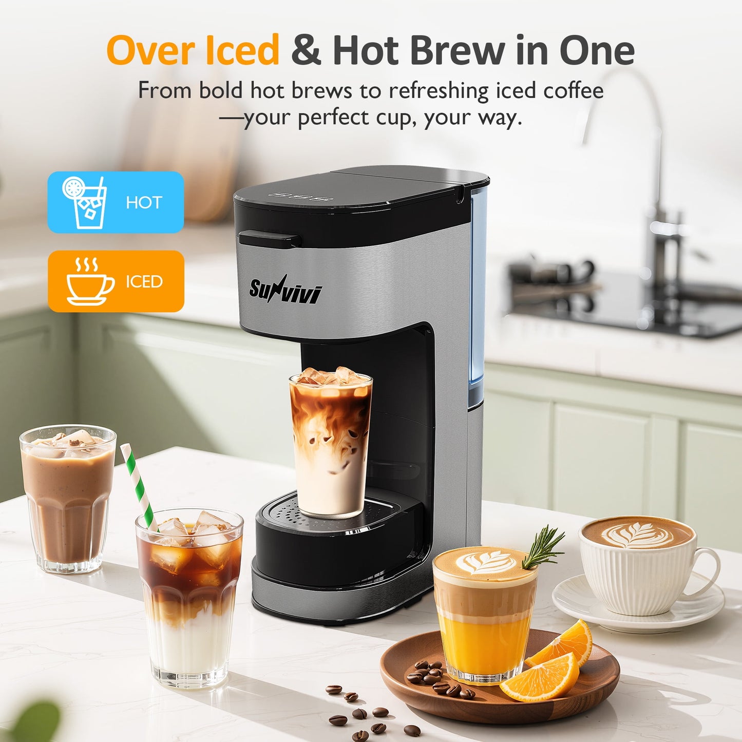 3-in-1 Iced & Hot Coffee Maker, Single Serve Machine with 2 Cup Trays for K-Cups & Ground Coffee, Removable Water Reservoir, Brew Sizes 6 to 14oz, Self-Cleaning, Black