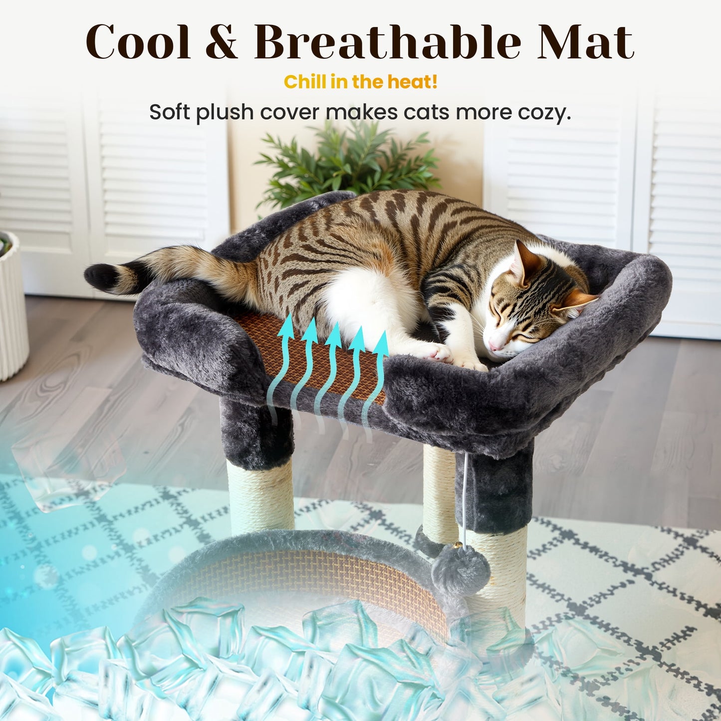 Heynemo Multi-Level Cat Tree with Sisal Scratching Posts & Cooling Mat - 2 Beds, Gray