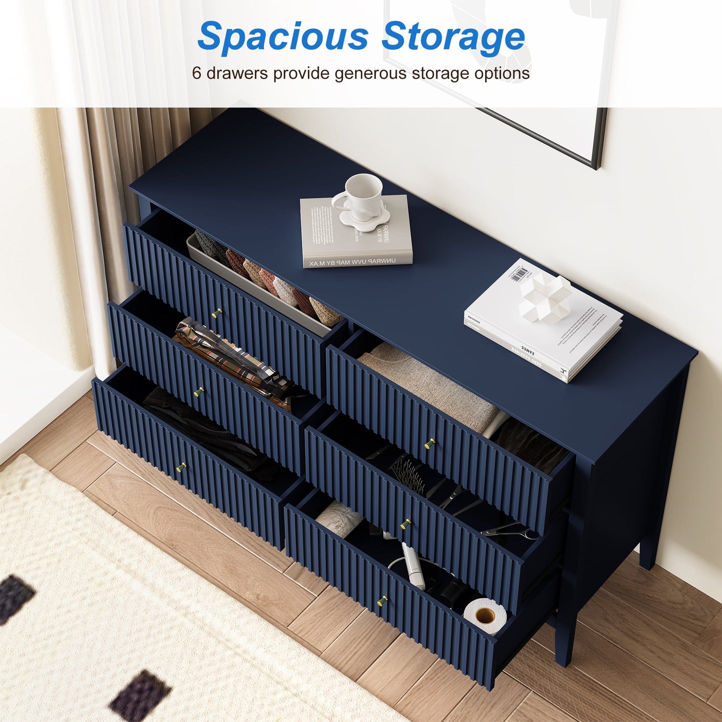 May in Color Fluted 6 Drawer Dresser, Wide Modern Chest of Drawers, Large Wood Storage Cabinet Organizer for Bedroom, Living Room, Hallway, Entryway, Blue