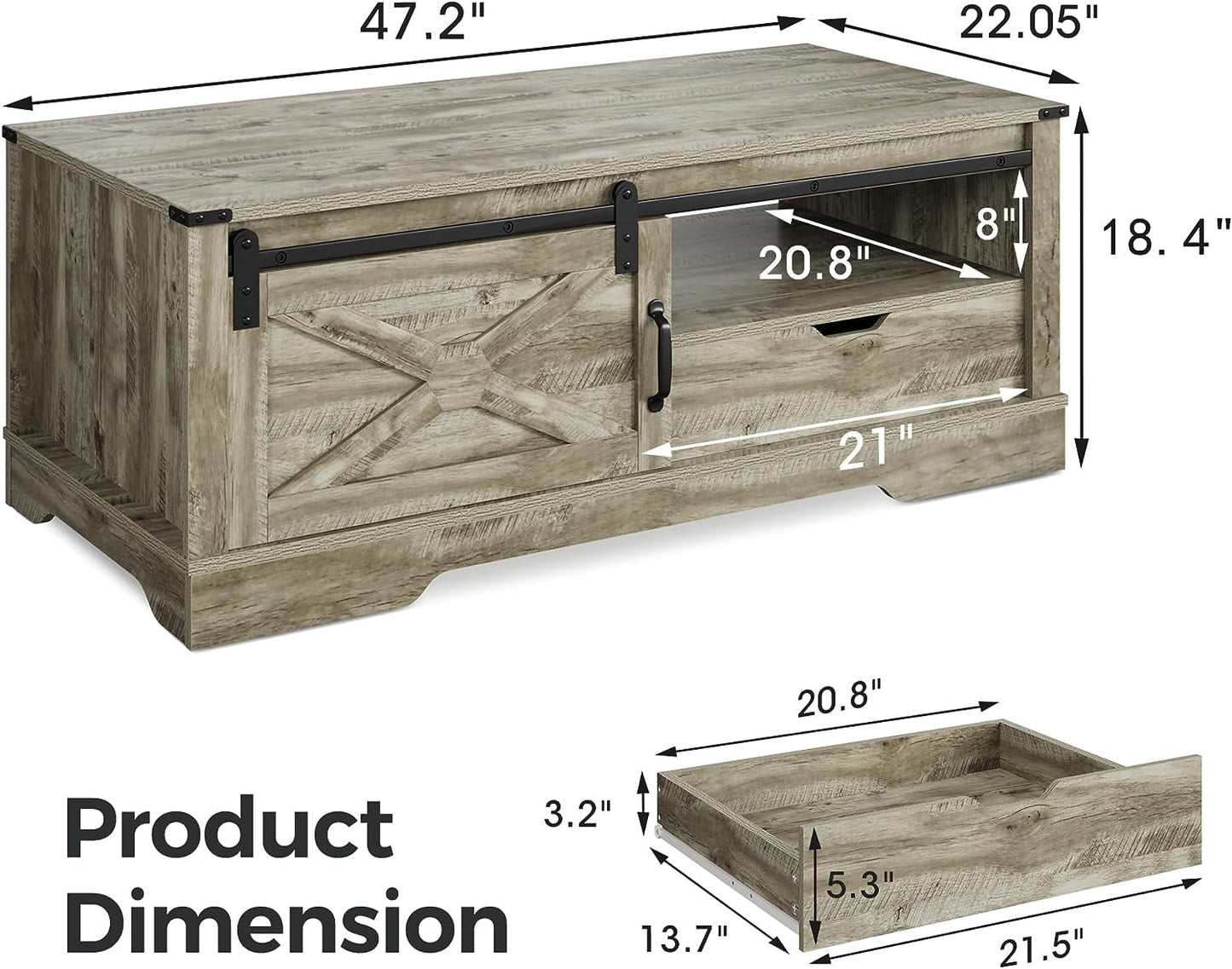 CozyHom Farmhouse Rectangular Coffee Table with Storage Drawer and Sliding Barn Door Furniture, Rustic Coffee Table with Open Shelves for Living Meeting Room, Warm Grey