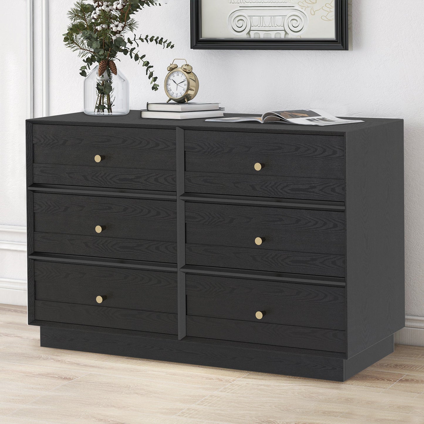 Royalcraft 6 Drawer Dresser, Modern Closet Dressers Chest of Drawers with Crystal Knobs & Decorative Painted Strip, Wood Storage Cabinet for Bedroom Living Room Hallway Closet