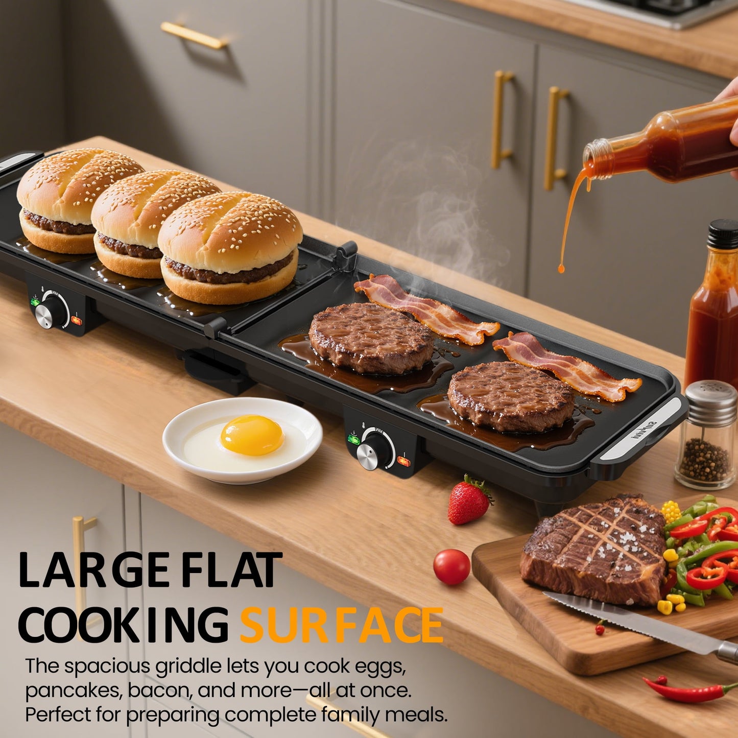 Heynemo 1600W Electric Griddle with Dual Cooking Zones