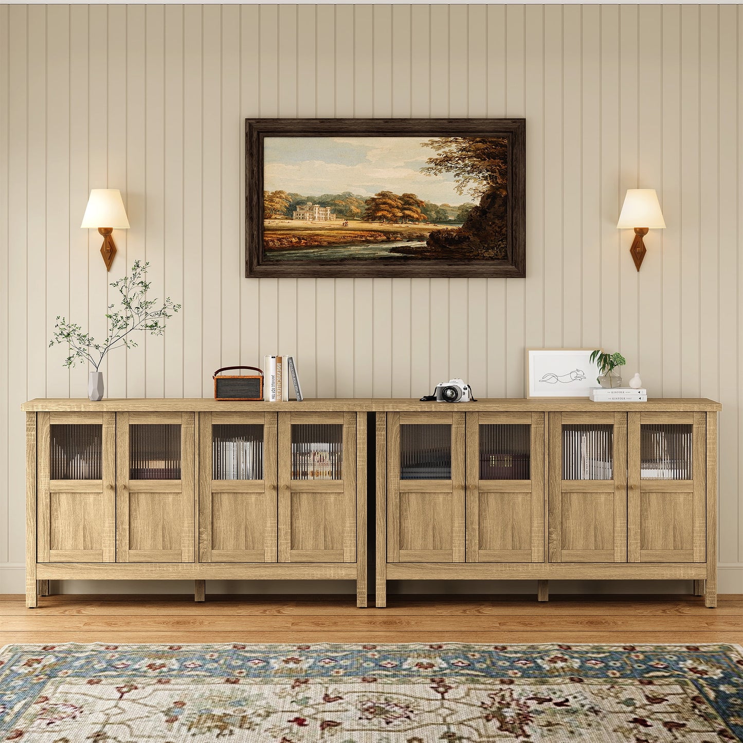 Heynemo Wood Sideboard Credenza with Storage, Buffet Cabinet with Adjustable Shelves, Accent Cabinet with Acrylic Accents for Living Room, Dining Room, Entryway