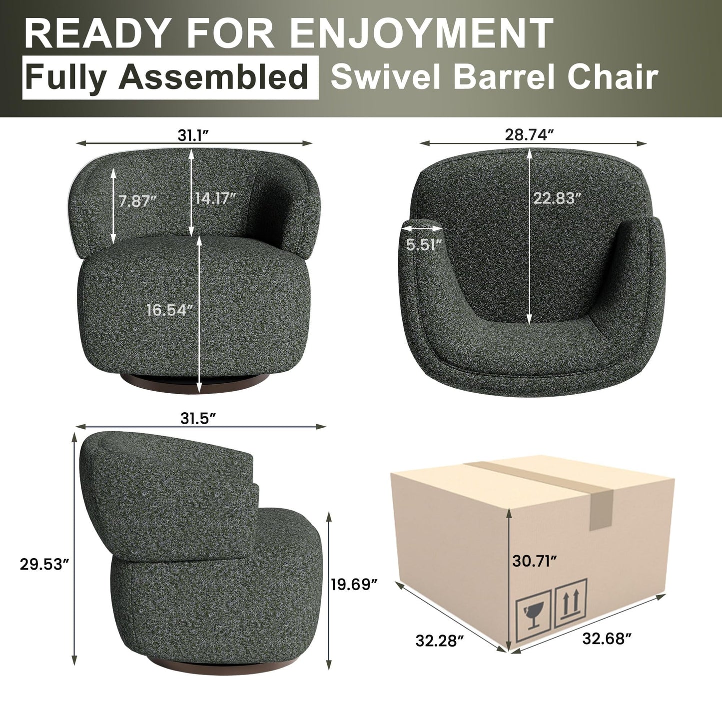 CozyHome Swivel Accent Chair, Fully Assembled Round Barrel Chairs, Oversized Upholstered Armchair with 360-Degree Base, Modern Club Chair for Living Room, Bedroom, Office, Green