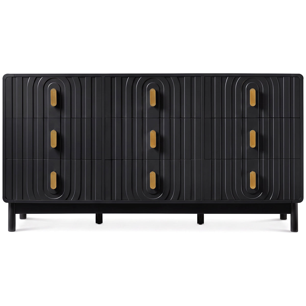Heynemo Fluted Chest of 9 Drawers, Black Modern 9 Drawer Dresser with Gold Metal Handles, Wide Storage Dresser Cabinet for Bedroom Living Room