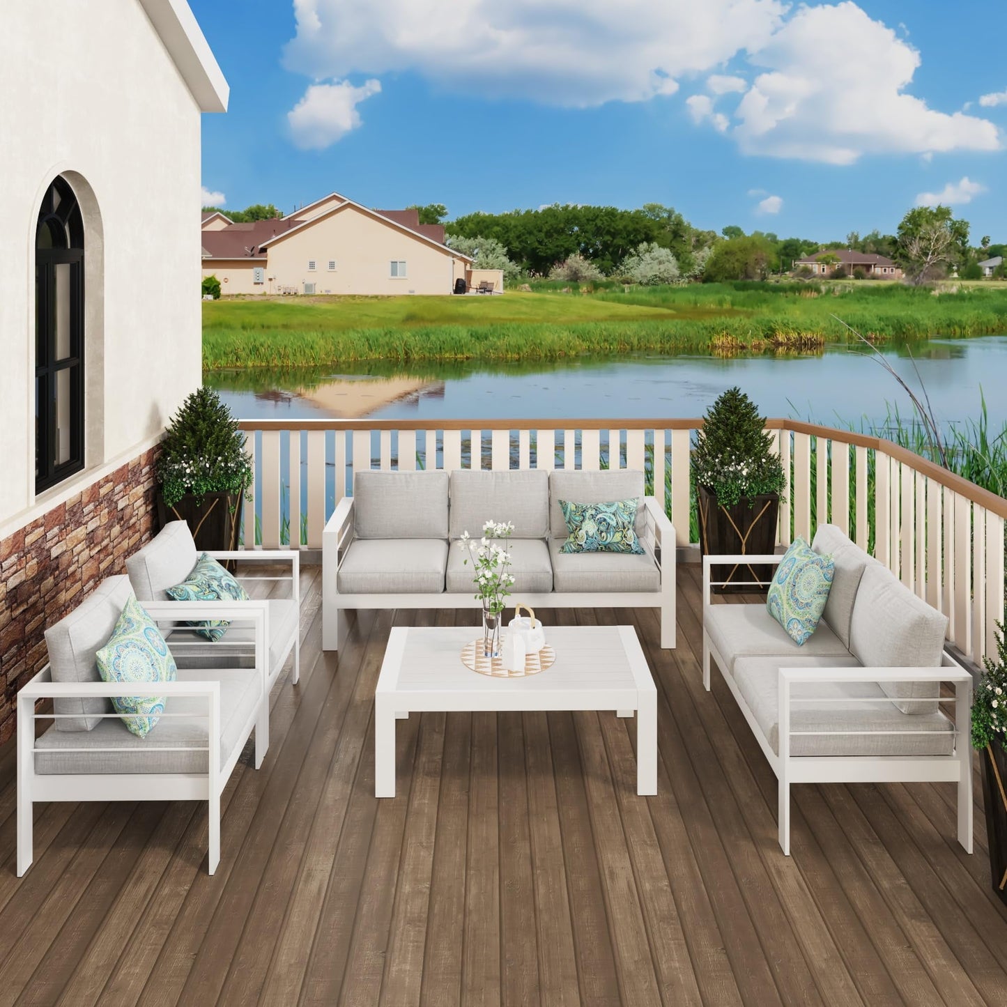 CozyHom 3-Seat Outdoor Patio Aluminum Sofa Furniture Sets Metal Patio Couch With Cushions, Outdoor Accent Chair Patio Long Decorative Sofa/Chairs, White