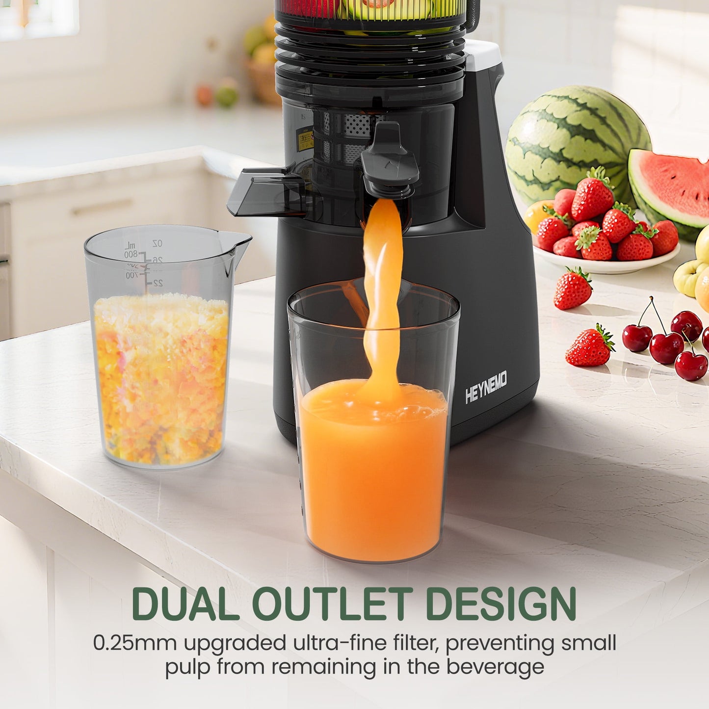 Heynemo Cold Press Juicer Machine, 5.9" Wide Feed Chute, Masticating, Dual-Layer Strainer - Black