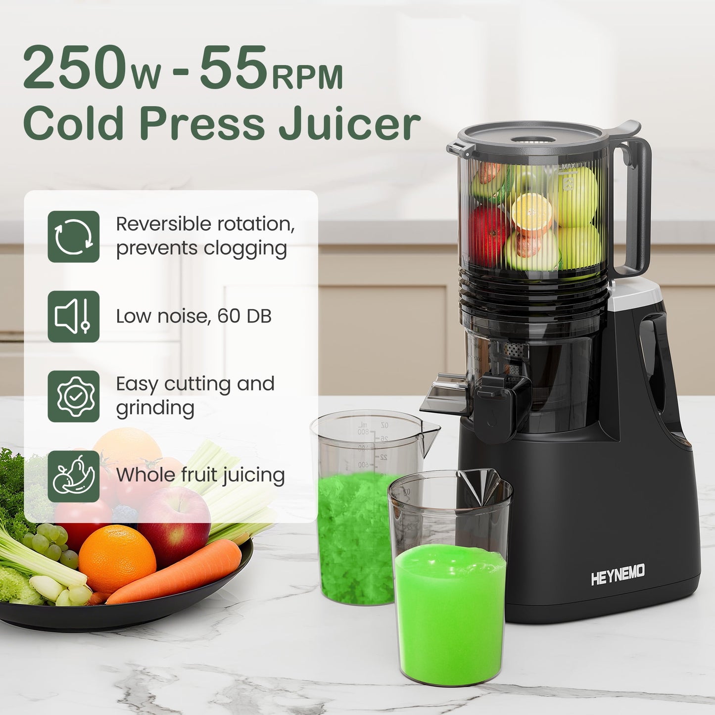Heynemo Cold Press Juicer Machine, 5.9" Wide Feed Chute, Masticating, Dual-Layer Strainer - Black