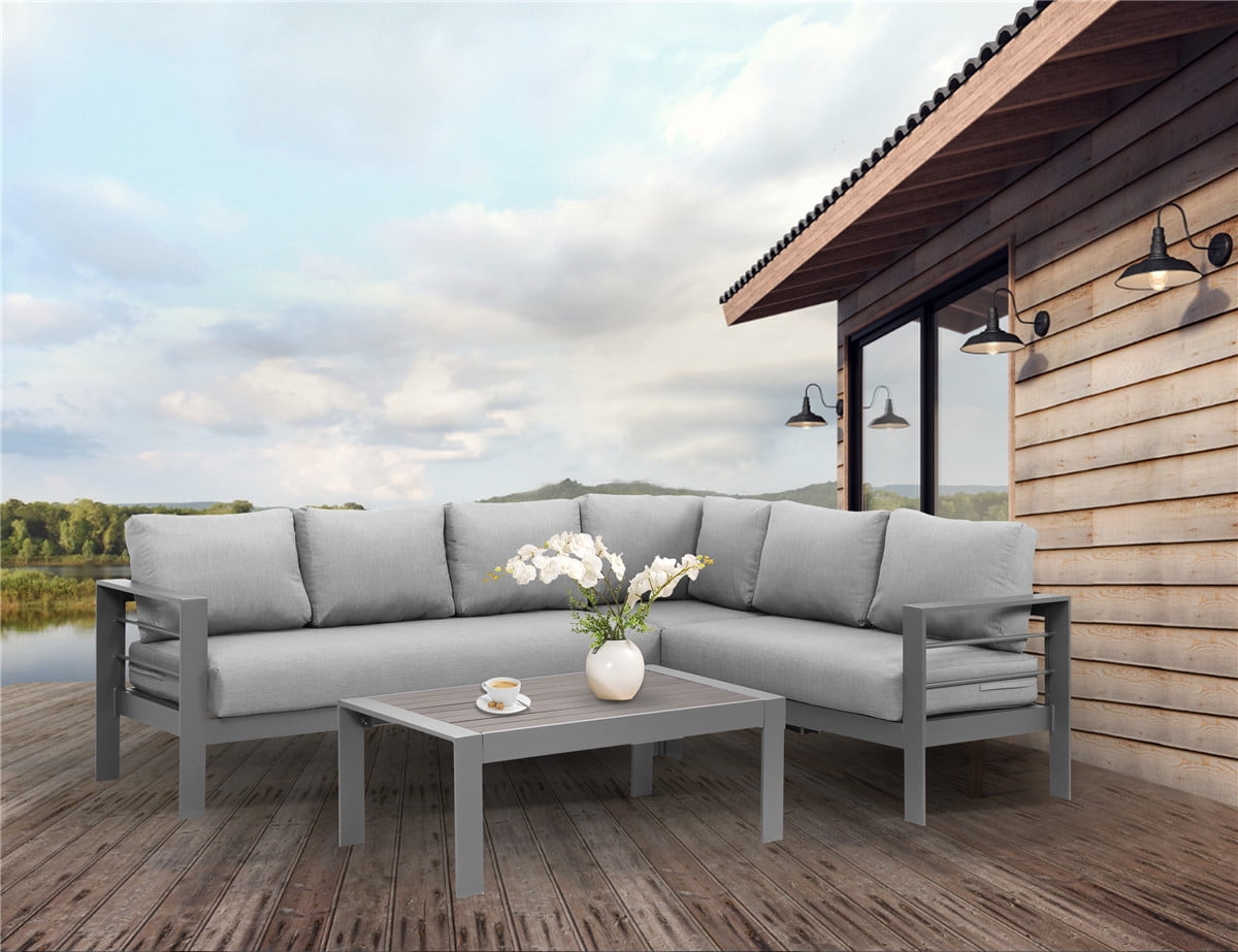 Heynemo 4 Pieces Outdoor Aluminum Furniture Set, Patio Sectional Sofa Couch - Conversation Set with Coffee Table and Sofa, Gray