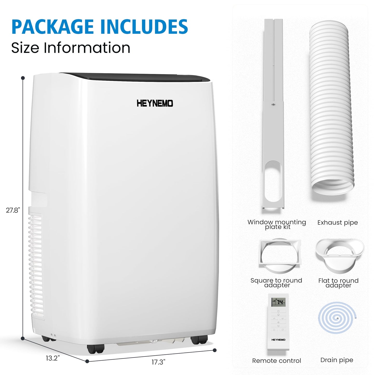 Heynemo 14,000 BTU 3-in-1 Portable Air Conditioner with Heat, Dehumidifier & Fan