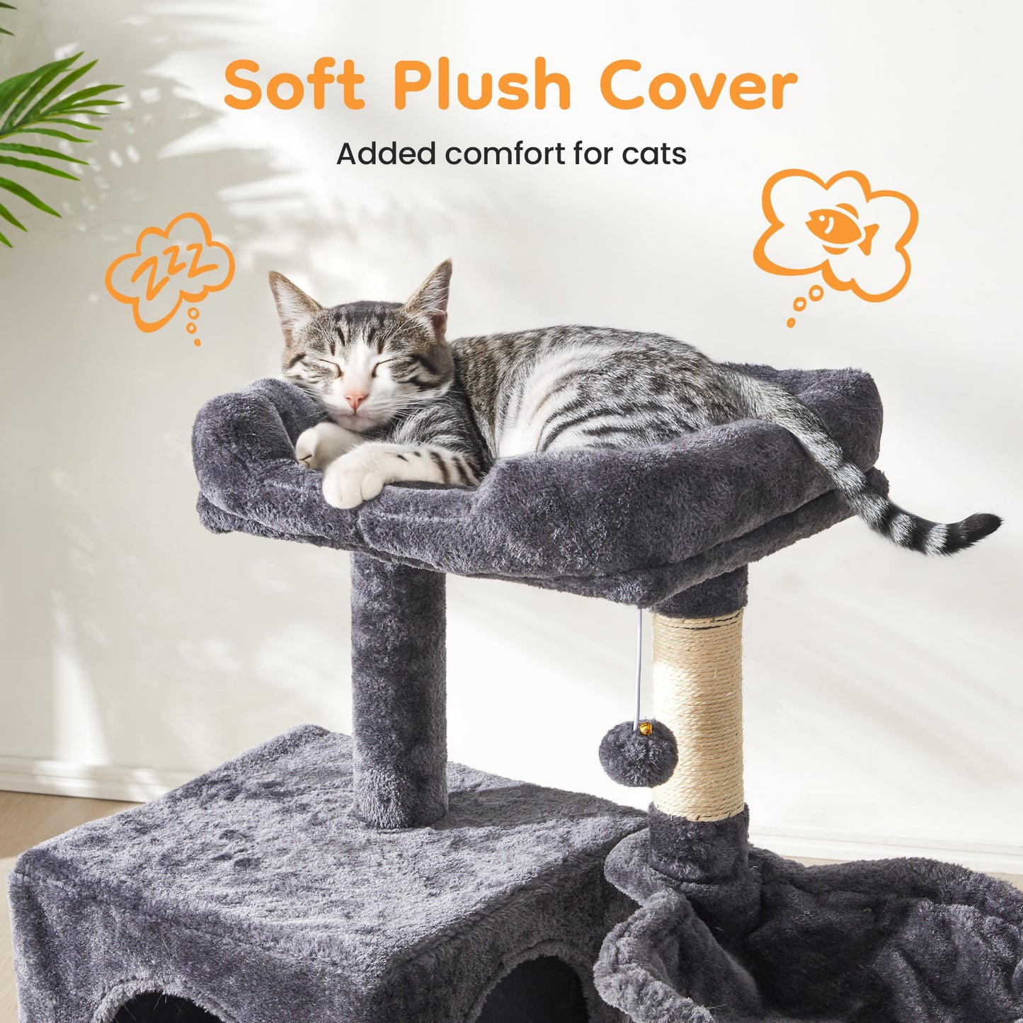 Heynemo Multi-Level Cat Tree Tower for Large Cats with Scratching Posts, Condos, Perch, Hammocks & Toys ¨C Modern Indoor Cat Jungle Gym for 2¨C3 Cats, 19.7" x 15.7" x 35.8", Dark Grey