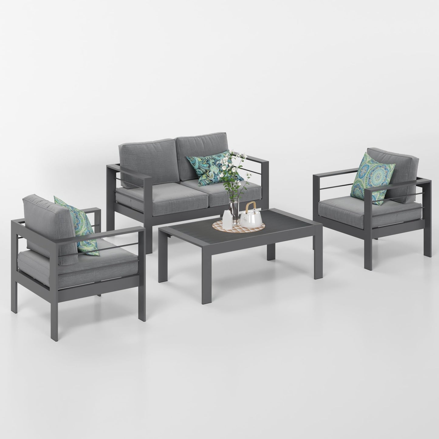 CozyHom 4 Seats Outdoor Aluminum Furniture Sofa Sets For All-Season Patio Aluminum Sectional Conversation Couch Set With Table And Cushions, Gray