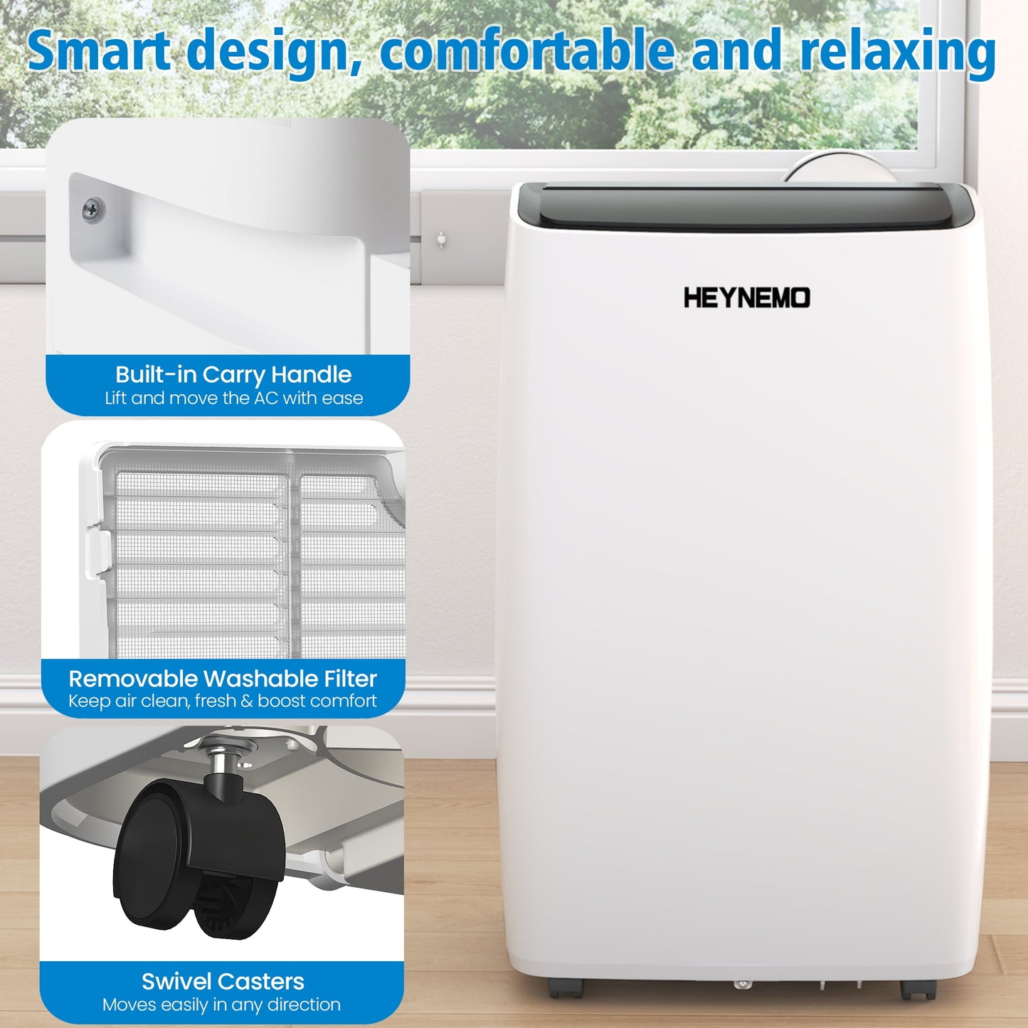Heynemo 14,000 BTU 3-in-1 Portable Air Conditioner with Heat, Dehumidifier & Fan