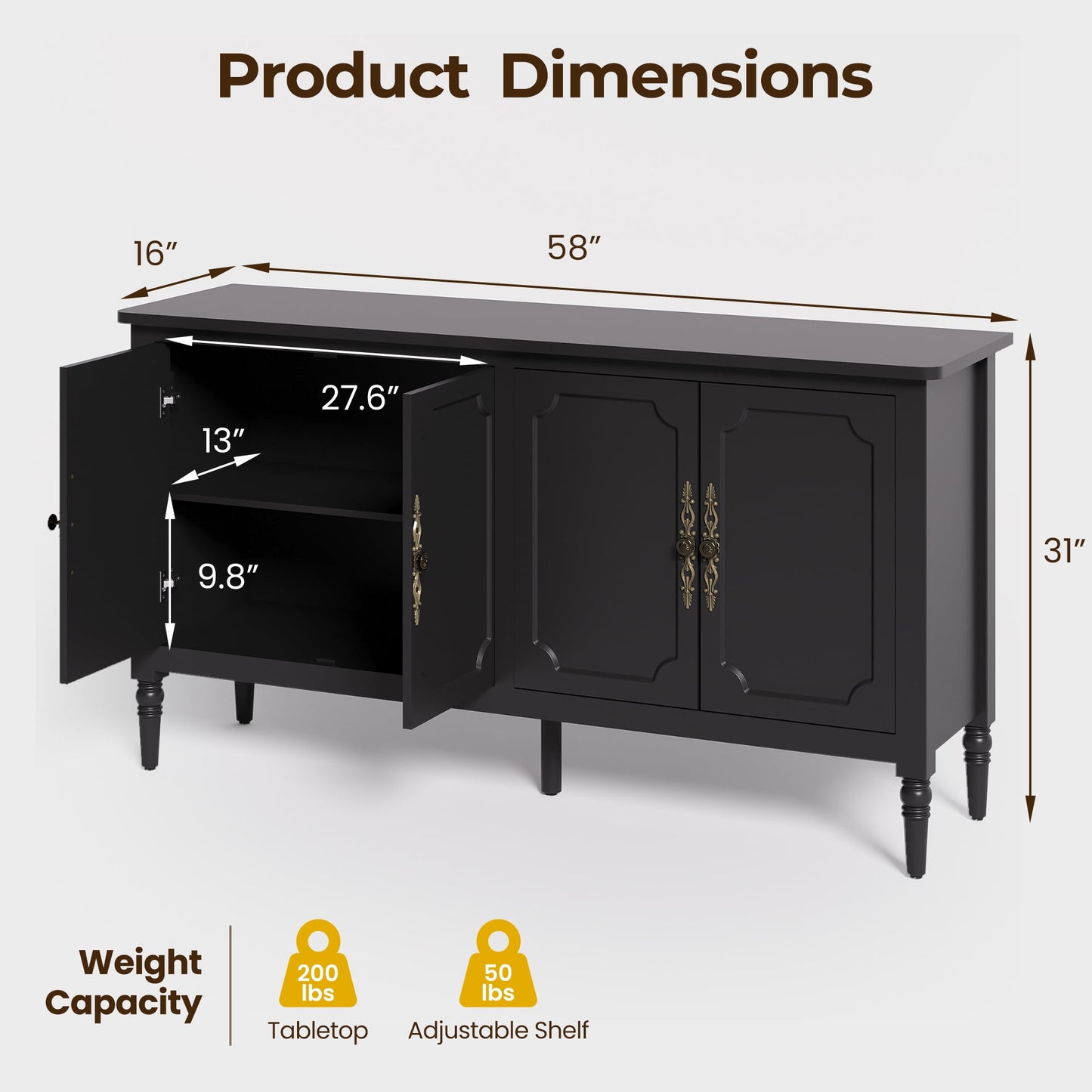May in Color 58" Wood Buffet Cabinet, Mid-Century Modern Console Cabinet, with 4 Door & Media Storage, for Entryway, Living Room, Dining Room, Bedroom, Black