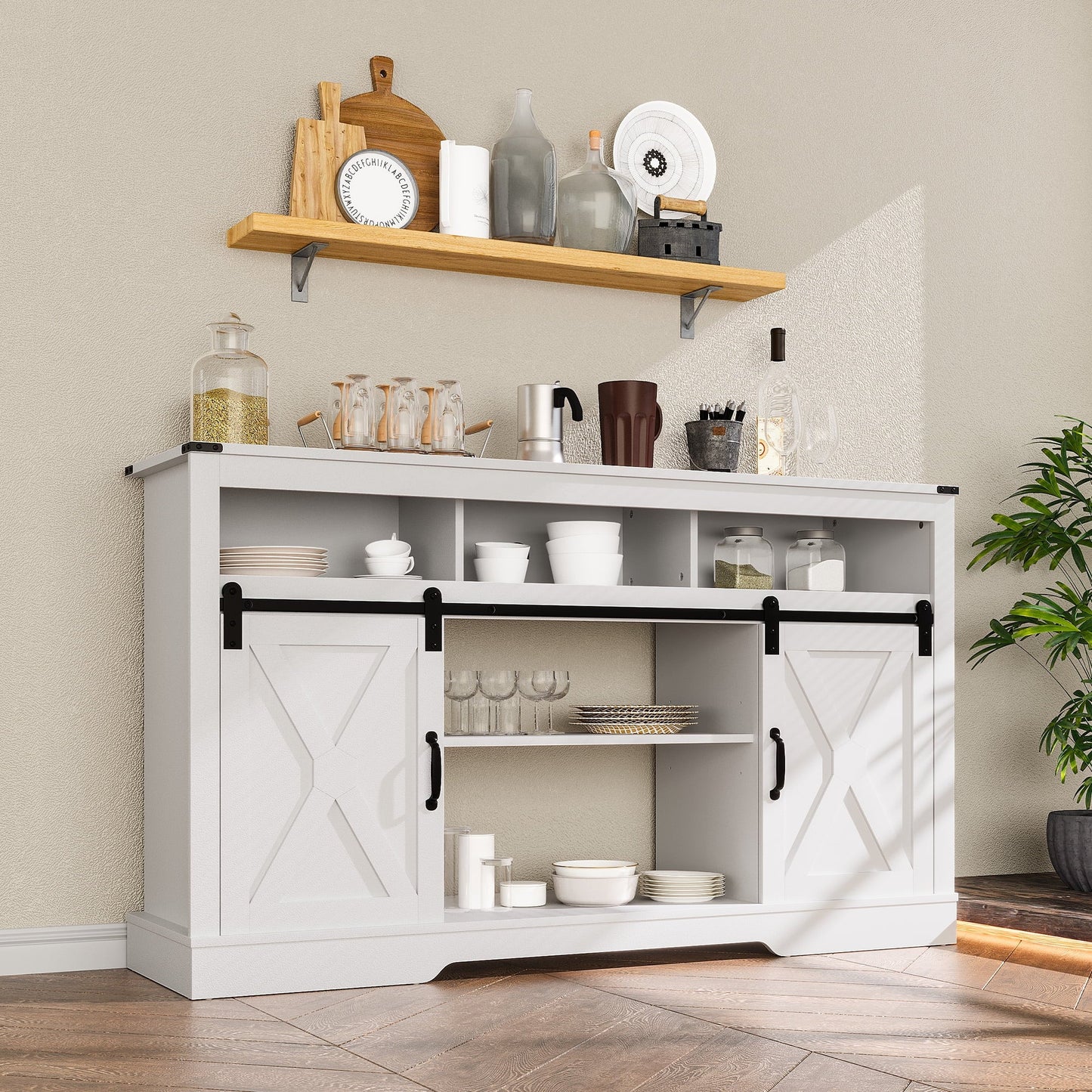 Mayincolor Farmhouse TV Stand for 65+ Inch TV, Tall Entertainment Center, Rustic TV Console with Sliding Bar Door for Living Room (Wood-Tone and White)