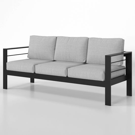 Superjoe Outdoor 3 Seats Patio Furniture Aluminum Sofa, All-Weather Couch Black Metal Chair with 5 Inch Cushions, Light Grey