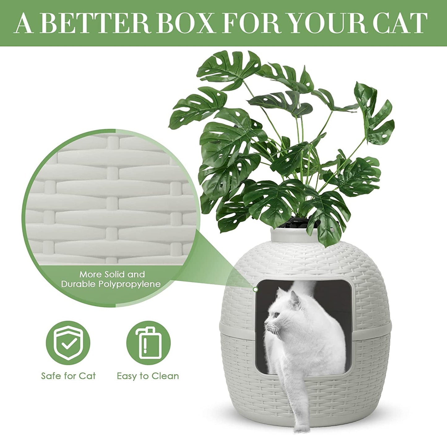 CozyHom Cat Hidden Litter Box Furniture, Artificial Plant Hidden Calley, Ventilated Waterproof And Odor Resistant, 3.3lbs Real Stone Block For Large Cats, White