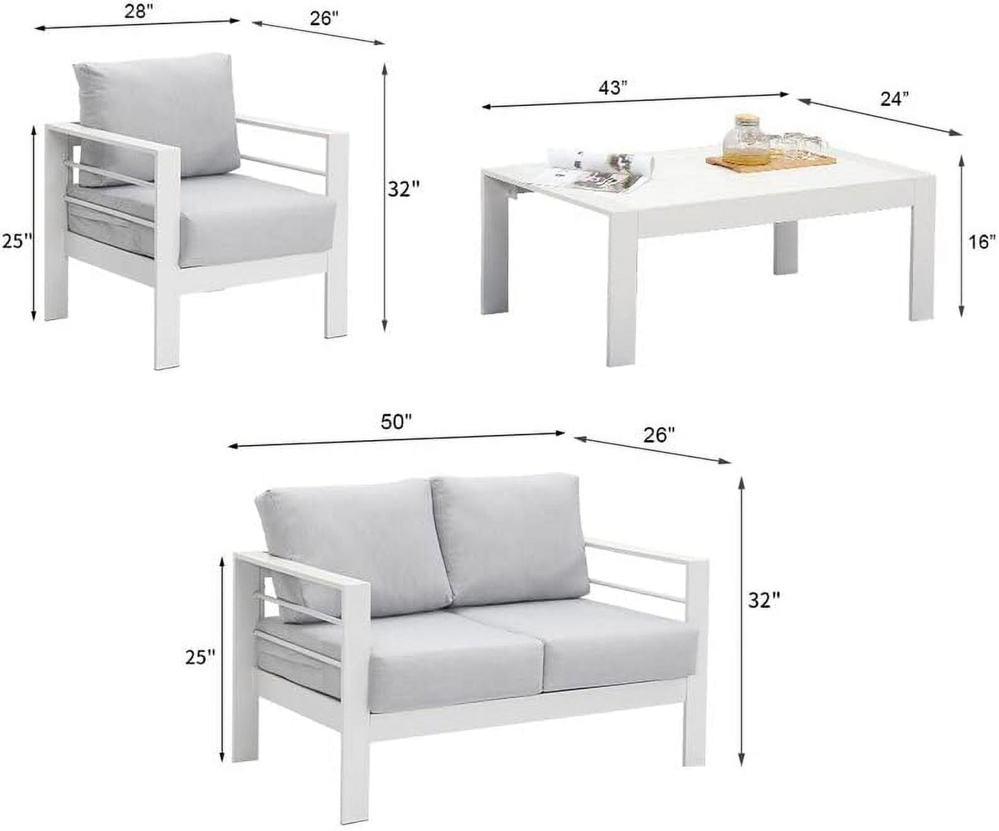 CozyHom 4 Seats Outdoor Aluminum Furniture Sets For All-Season Patio Metal Sectional Conversation Couch Sets With Table And Cushions, White