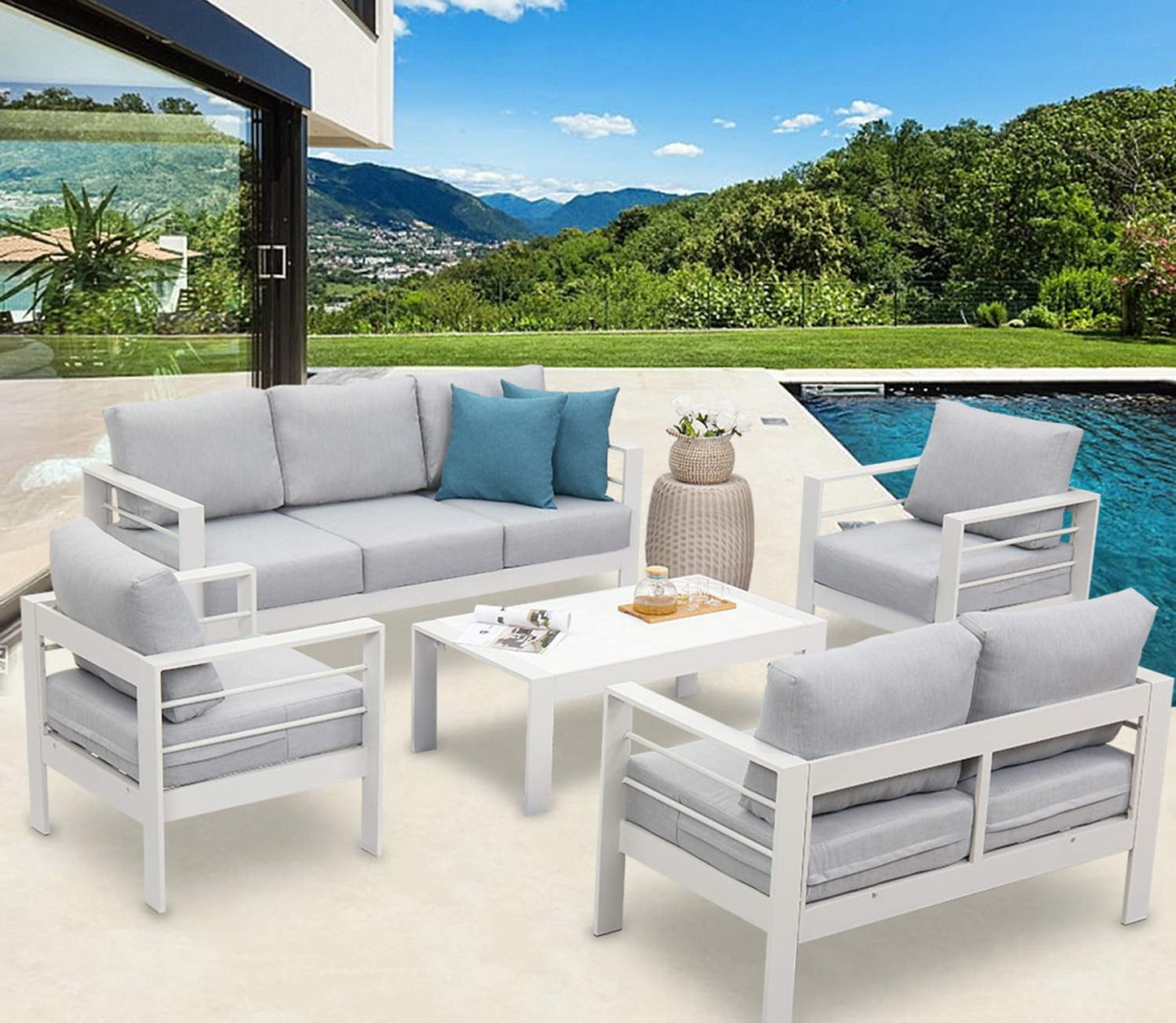 CozyHom 2 Pcs Outdoor Patio Furniture Sets Aluminum Sofa Armchair Indoor Patio Conversation Sofa Chair With Cushion, White