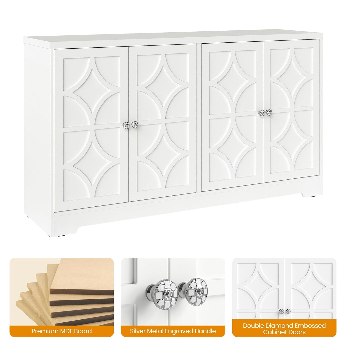 Heynemo 56'' Modern Kitchen Buffet Table with 4 Doors and Adjustable Shelves, Sideboard Buffet Cabinet with Storage, Wood Credenza Accent Coffee Bar Cabinet for Entryway, Living Room,Matte White
