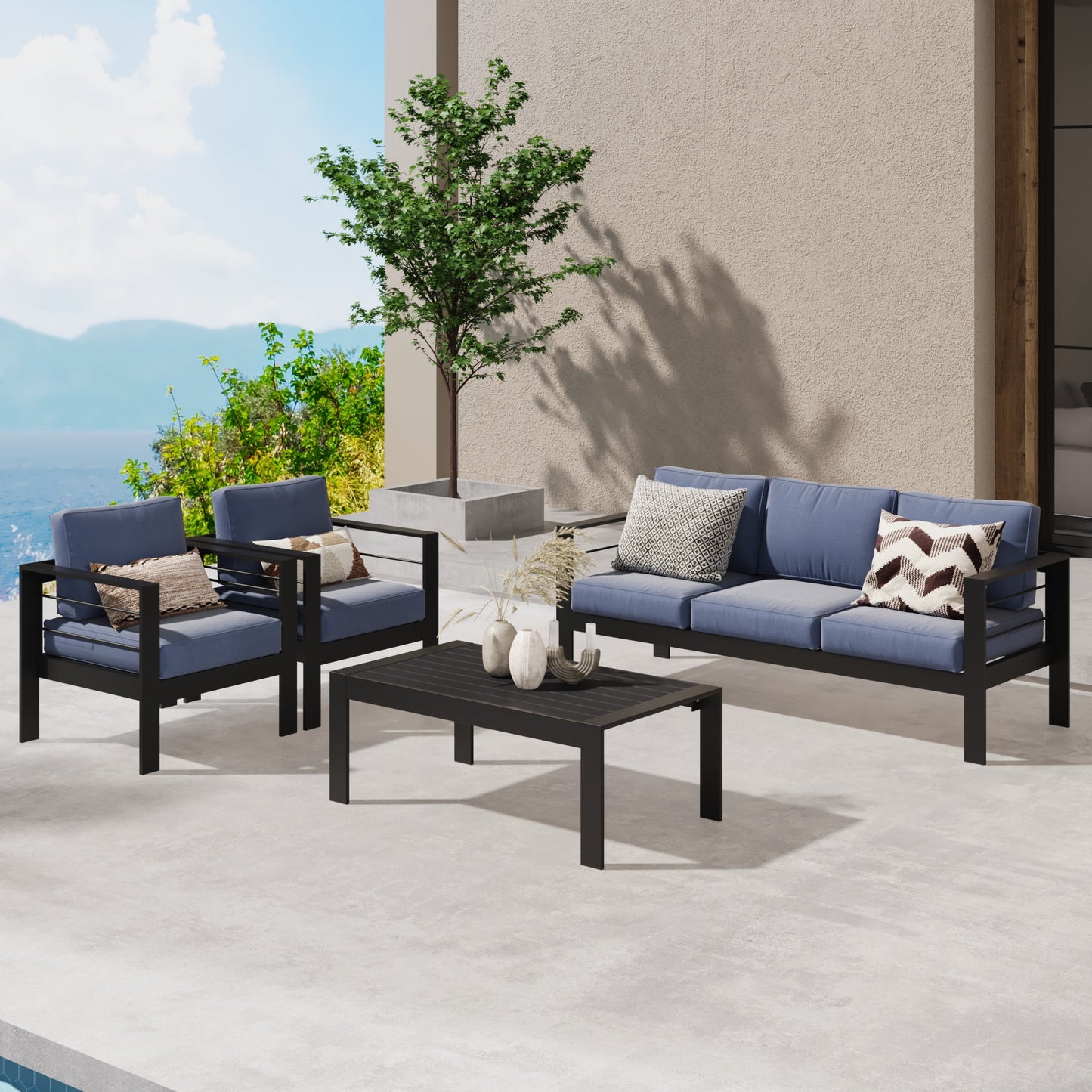 CozyHom 2 Pcs Indoor Outdoor Patio Aluminum Armchair Sofa Furniture Sets, Outdoor Metal Couch Cozy Chair Garden Armchair Aluminum Armchair Individual Sofa With Cushions, Blue