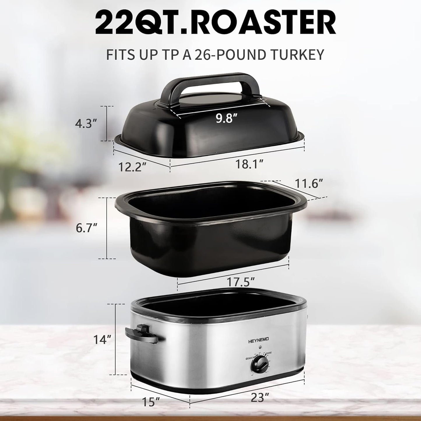 Superjoe 22 Quart Roaster Oven with Self-Basting Lid, Turkey Roaster Oven with Removable Insert Pot, Stainless Steel Silver