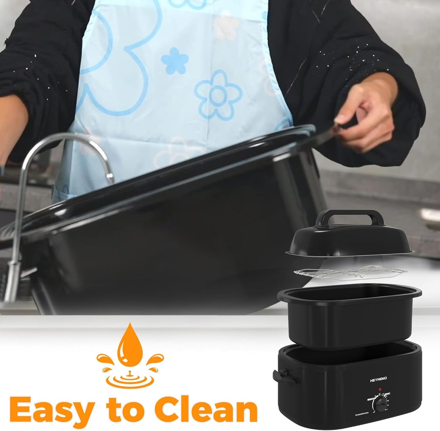 Superjoe 22 Quart Electric Roaster Oven with Visible & Self-Basting Lid, Large Turkey Roaster with Defrost Warm Function, Adjustable Temperature, Removable Pan Rack, Stainless Steel Black