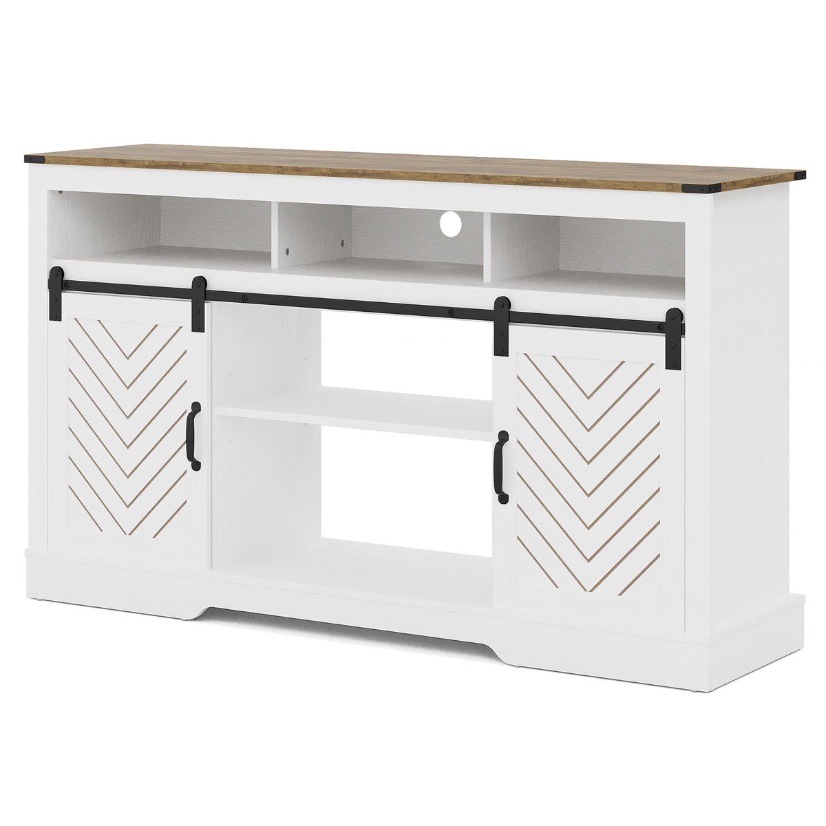 Mayincolor Farmhouse TV Stand for 65+ Inch TV, Tall Entertainment Center, Rustic TV Console with Sliding Bar Door for Living Room (Wood-Tone and White)