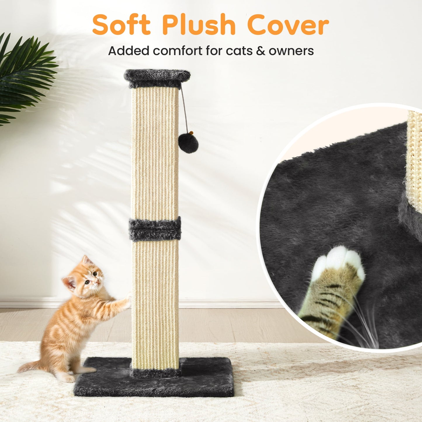Heynemo 32-Inch Cat Scratching Post with Hanging Ball Toy, Tall Sisal Scratch Post for Indoor Cats, Cat Scratcher for Kittens & Large Cats, Grey