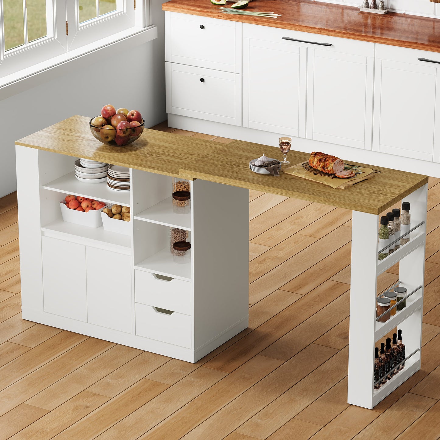 Royalcraft Kitchen Island with Storage, Extendable & Rotatable Kitchen Prep Table with 3 Side Shelves and 2 Drawers, Kitchen Shelf Bar Table, Wood Buffet Sideboard Cabinet for Dining Room, White