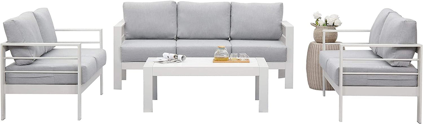 Superjoe Outdoor 3 Seats Patio Furniture Aluminum Sofa Couch, White Metal Chair with Cushions, Light Grey