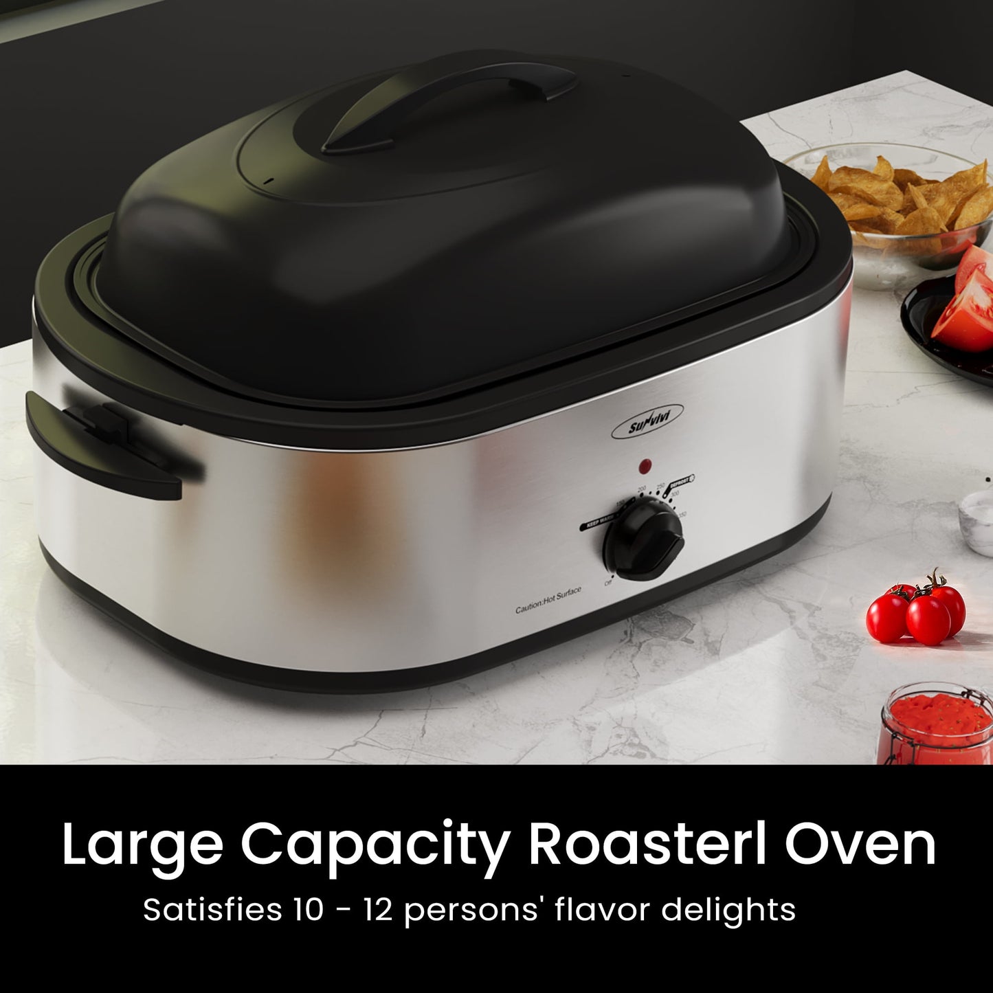 Sunvivi Roaster Oven with Self-Basting Lid, 18qt Electric Roaster with Removable Pan & Rack, Turkey Roaster Oven with Defrost & Warm Function, Stainless Steel, Silver