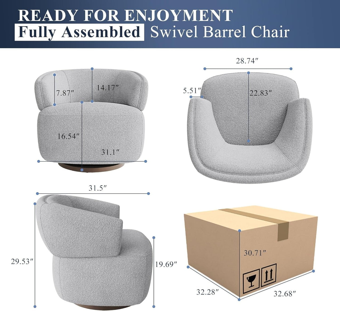 RoyalCraft Swivel Accent Chair, Fully Assembled Round Barrel Chairs, Oversized Upholstered Armchair with 360-Degree Base, Modern Club Chair for Living Room, Bedroom, Office, Grey