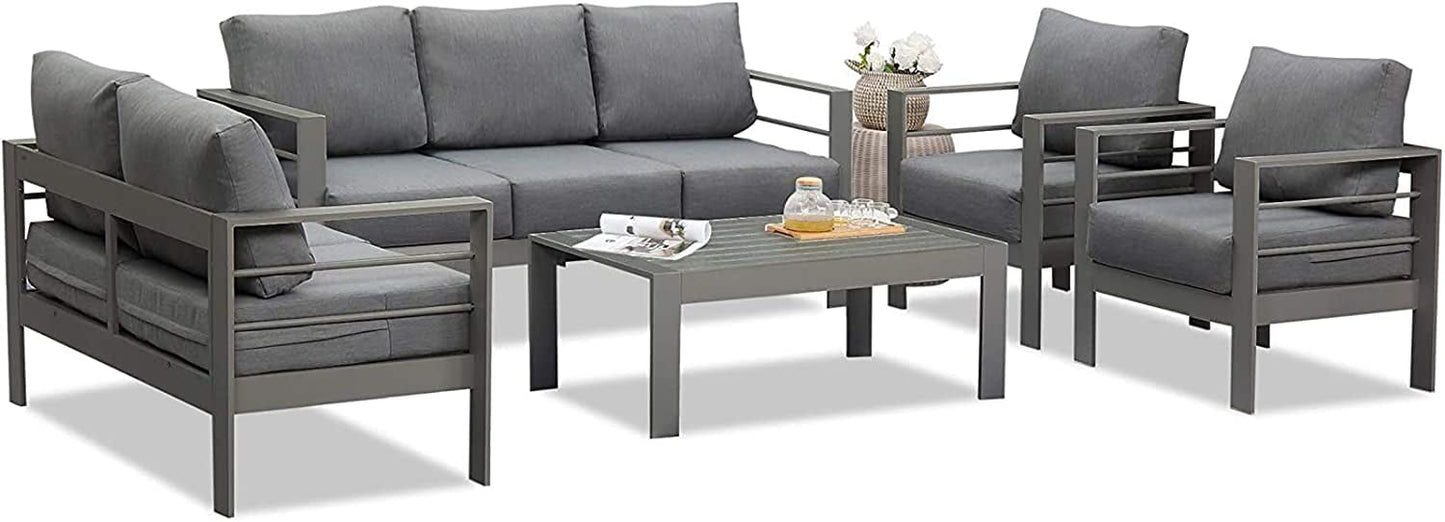 Superjoe 5 Pcs Outdoor Aluminum Furniture Set 7 Seats Patio Sectional Chat Sofa Set Metal Conversation Sofa with 5 Inch Cushion and Coffee Table for Balcony, Garden, Dark Grey