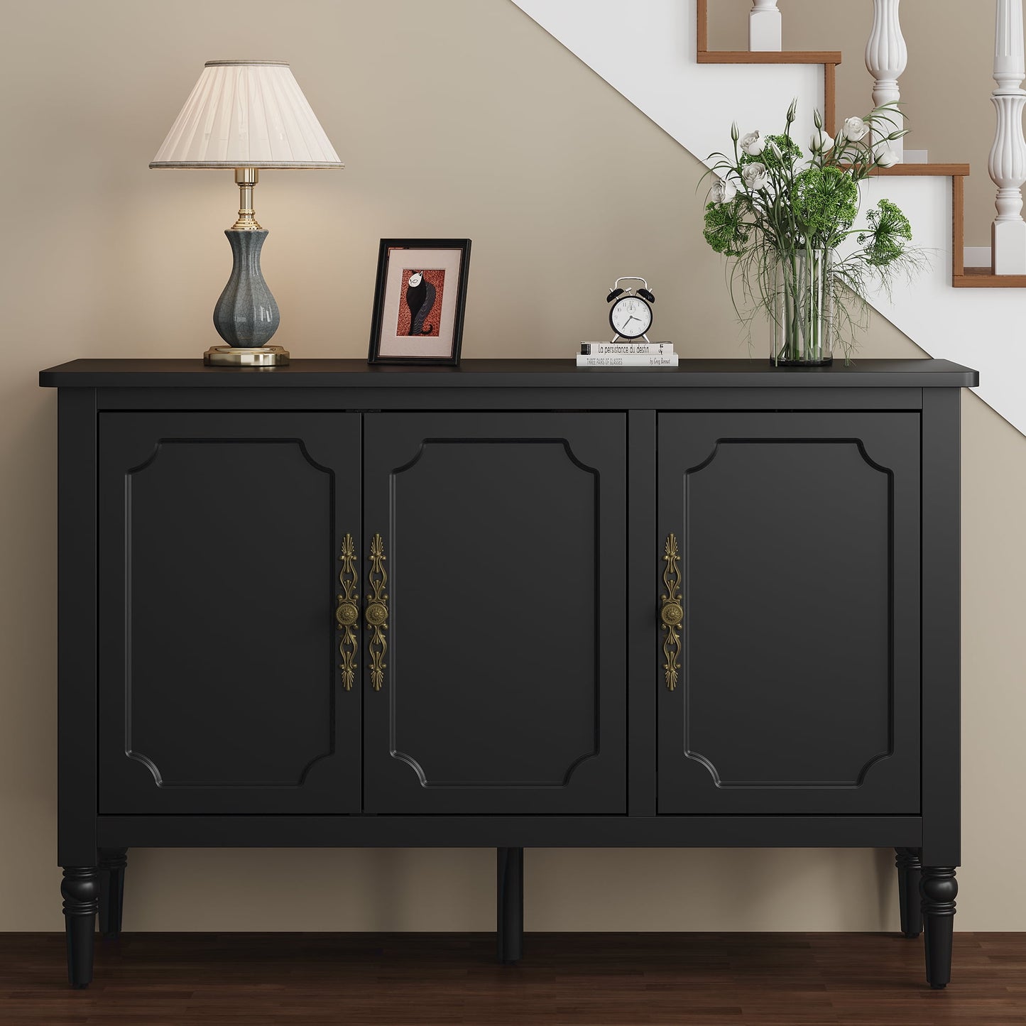 Heynemo 3-Door Storage Cabinet, Sideboard Cabinet with Adjustable Shelves, Ideal for Entryway, Living Room, Dining Room, Black