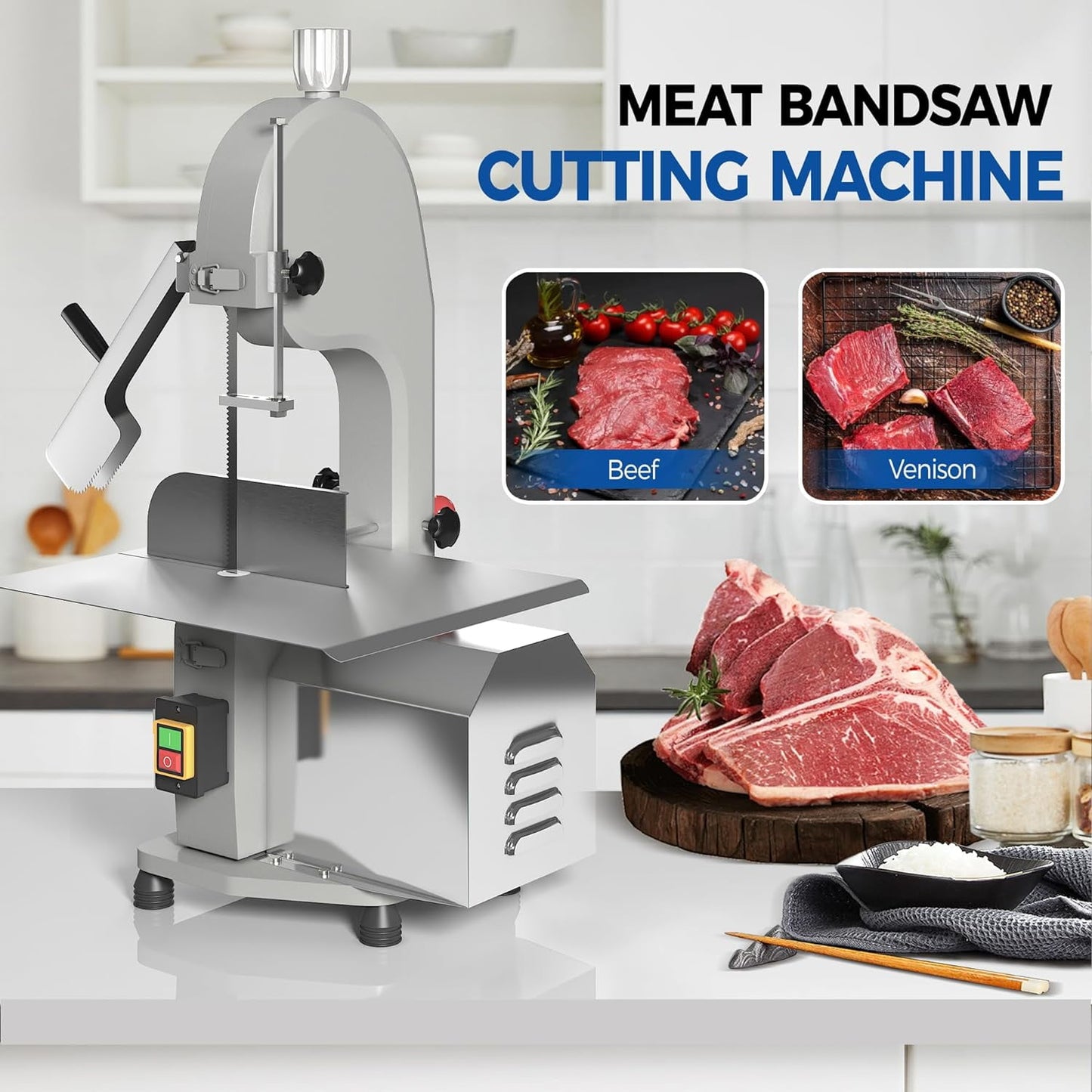 Superjoe 1500W Electric Meat Bone Saw with 5 Saw Blades, Beef Bone Cutting Machine Frozen Meat Cutter, Cutting Bandsaw Bone Sawing Machine, 0.16-7.9 Inch Cutting Thickness Butcher Saw
