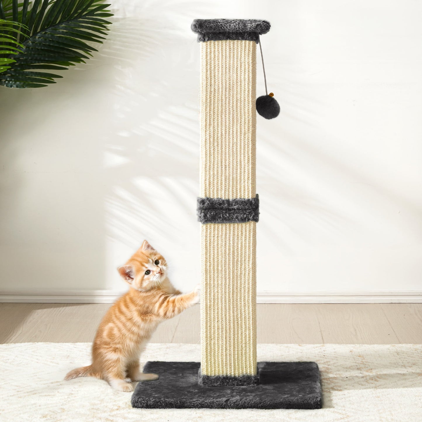 Heynemo 32-Inch Cat Scratching Post with Hanging Ball Toy, Tall Sisal Scratch Post for Indoor Cats, Cat Scratcher for Kittens & Large Cats, Grey