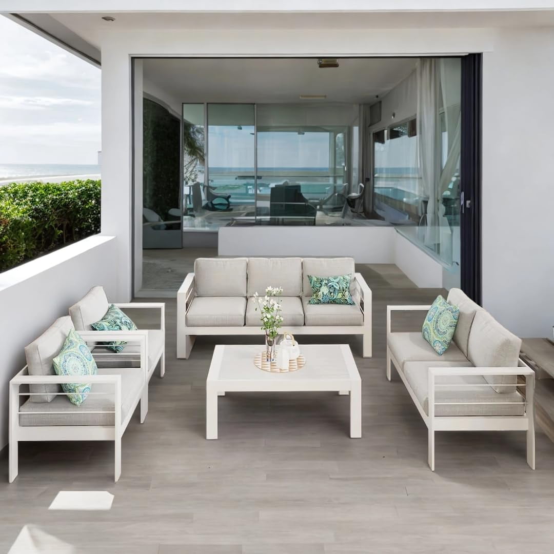 CozyHom 7 Seats Contemporary Outdoor Patio Aluminum Sofa Furniture Sets Modern Patio Sectional Conversation Couch Sets Sectional Sofa Chair Set, White