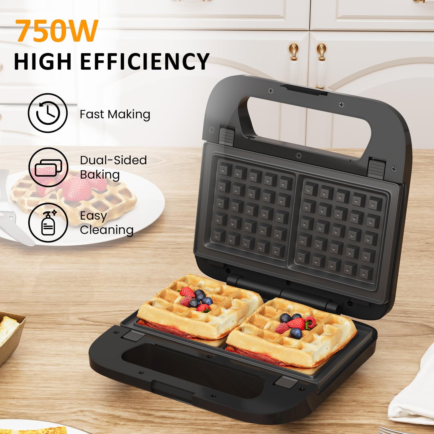Heynemo Pro 3 in 1 Waffle, Grill & Sandwich Maker, Sandwich Maker Panini Press Waffle Iron Set with Removable Non-Stick Plates & Indicator Lights, Grill and Sandwich Press for Breakfast, 750W, Black
