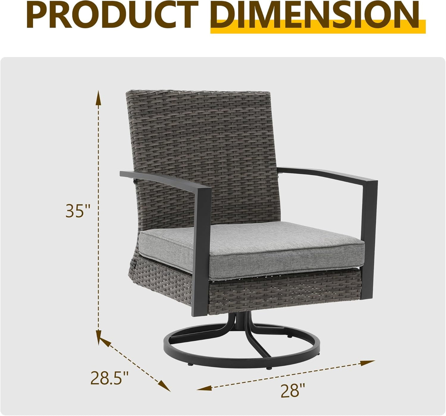 Superjoe Patio Swivel Dining Chairs with 360-Degree Rotating, All Weather Rattan Chairs with Water-Resistant Cushions & Metal Frame, Table, Modern Outdoor Rocking Chair for Porch, Bistro, Balcony, Grey