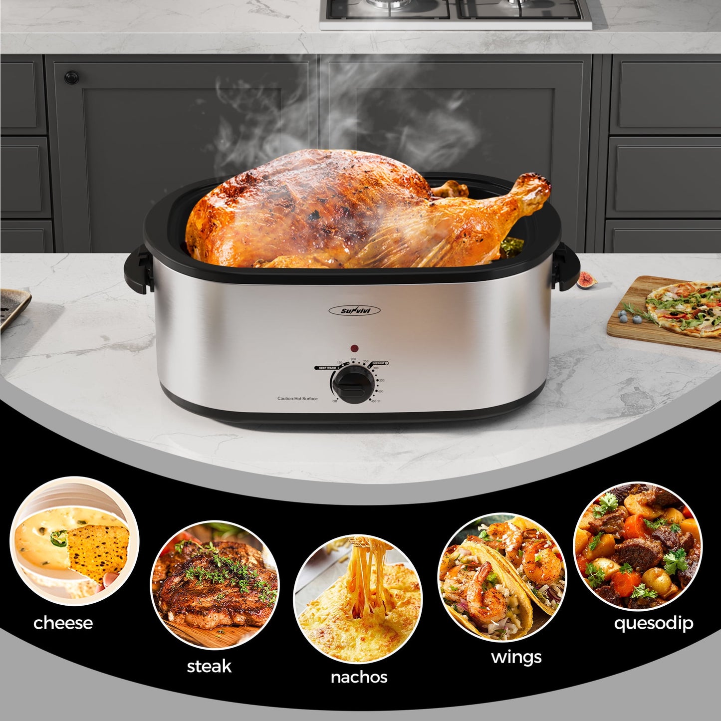 Sunvivi Roaster Oven with Self-Basting Lid, 24qt Electric Roaster with Removable Pan & Rack, Turkey Roaster Oven with Defrost & Warm Function, Stainless Steel, Silver-2