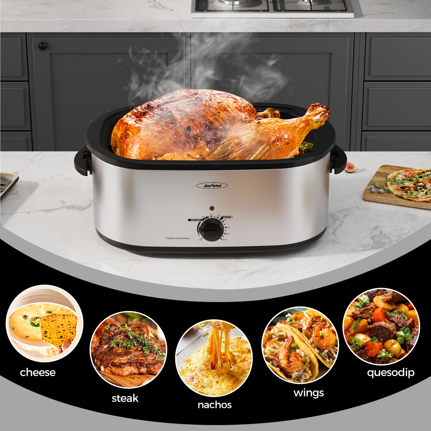 Sunvivi 26 Quart Electric Turkey Roaster Oven with Visible Glass Lid,Removable Pan & Rack, Stainless Steel, Silver