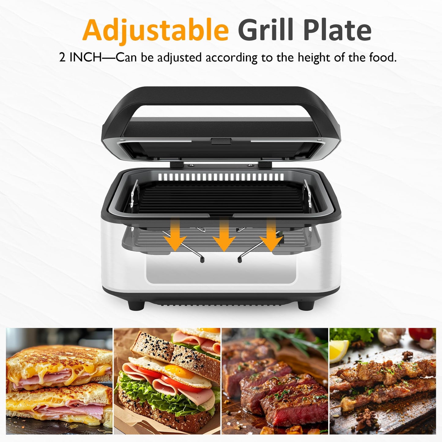 Heynemo 1300W Smokeless Indoor Grill, Electric Panini Press Sandwich Maker with Auto-Lift, Fan, Independent Upper Heating, Smart Time & Temperature Control, Removable Non-Stick Plates