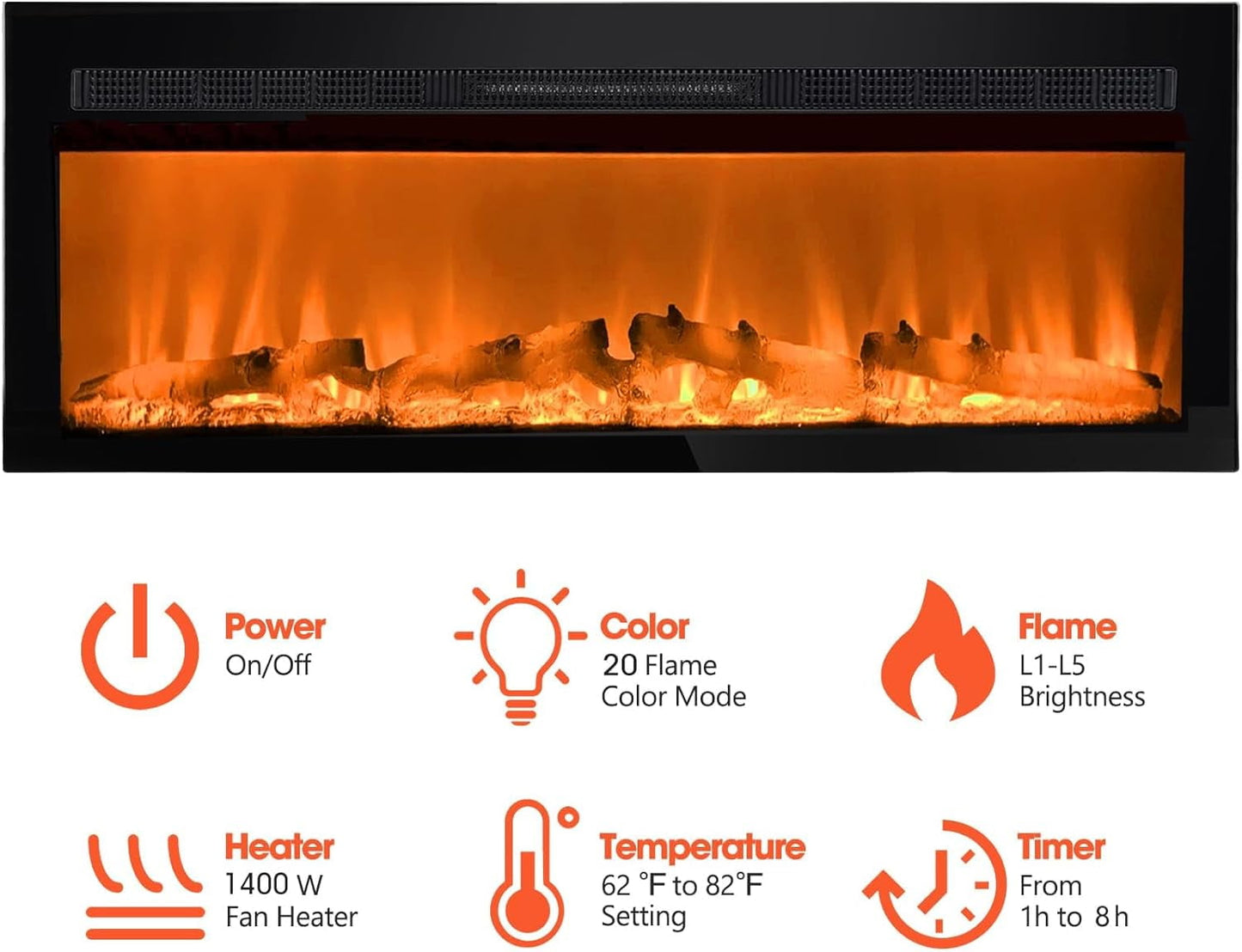 CozyHom 50 Inch Electric Fireplace, Recessed Wall Mounted Electric Fireplace Inserts, Adjustable Flame Colors & Temp Fireplace with Touch Screen and Remote Control