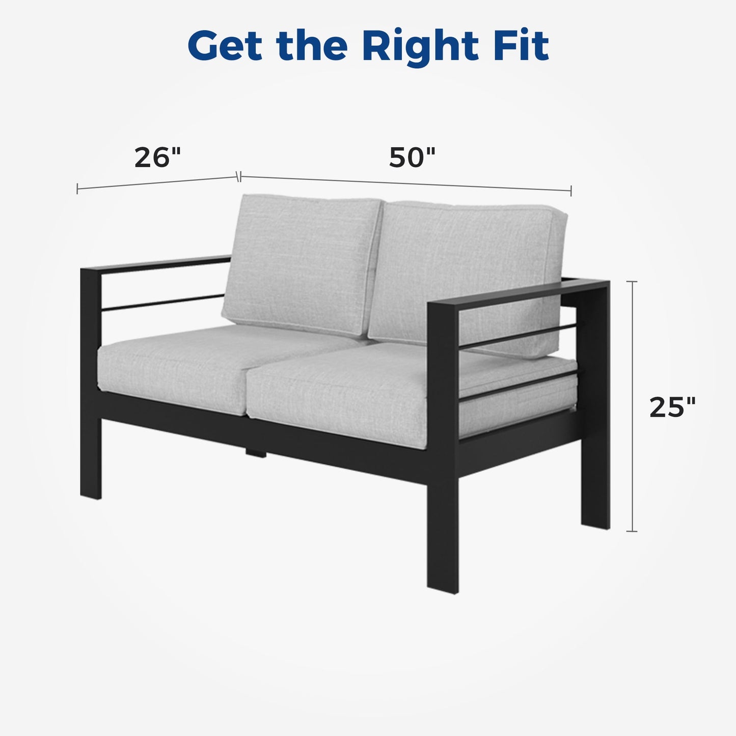Superjoe Outdoor Patio Aluminum Loveseat Furniture, 2 Seats Sofa Couch Black Metal Chair with Cushions, Light Grey