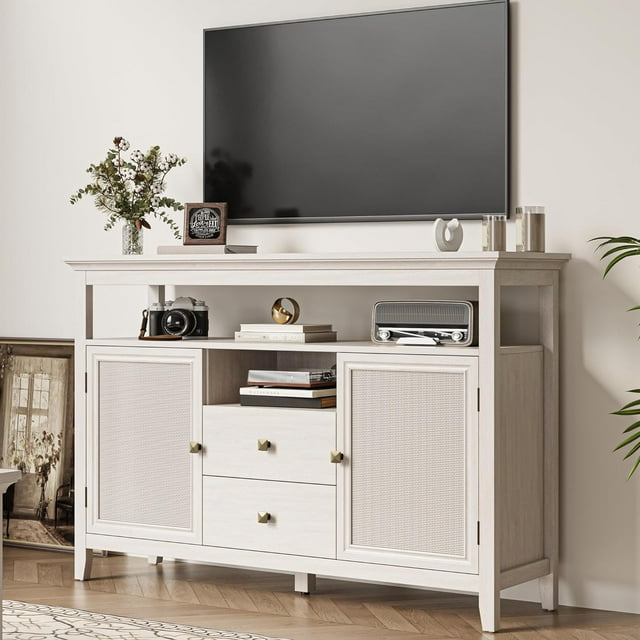 Royalcraft Farmhouse Rattan Storage Cabinet, Boho Sideboard Cabinet with Doors & Drawers, Buffet Cabinet with Adjustable Shelves, Accent Cabinet for Kitchen, Dining Room, Living Room, Grayish White