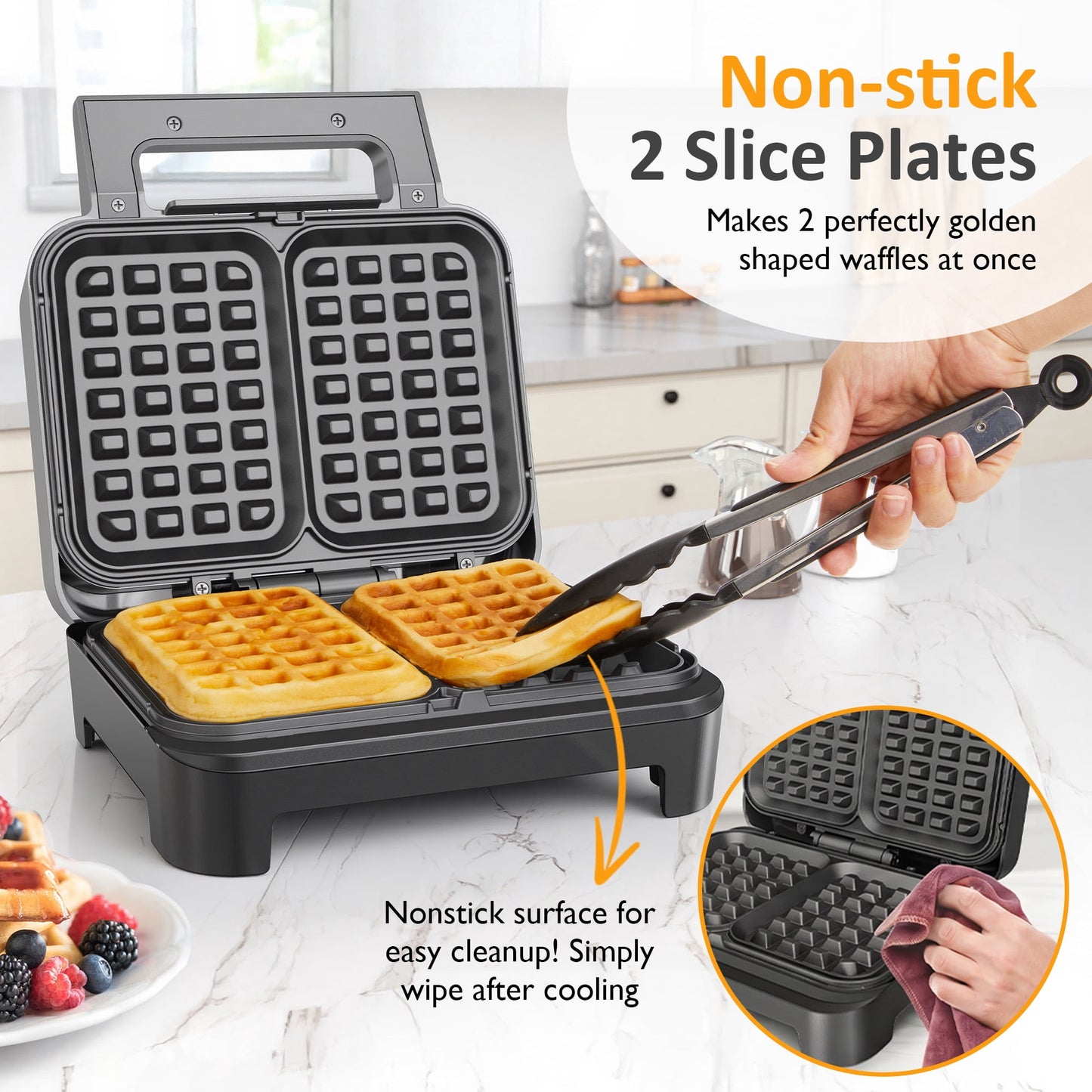 Heynemo Nonstick Waffle Machine, 2 Slices Waffle Iron, Electric Breakfast Maker with Temp Control & Indicator Light, Easy to Clean, Black