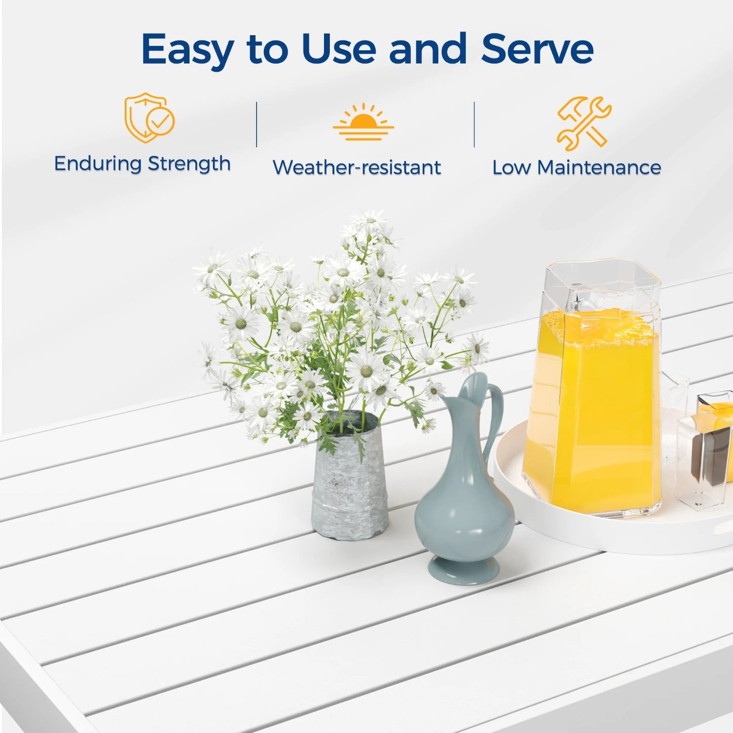 Superjoe Outdoor Aluminum Dinning Table All-Weather Metal Rectangle Table Heavy Duty Modern Patio Furniture for Balcony Garden, White